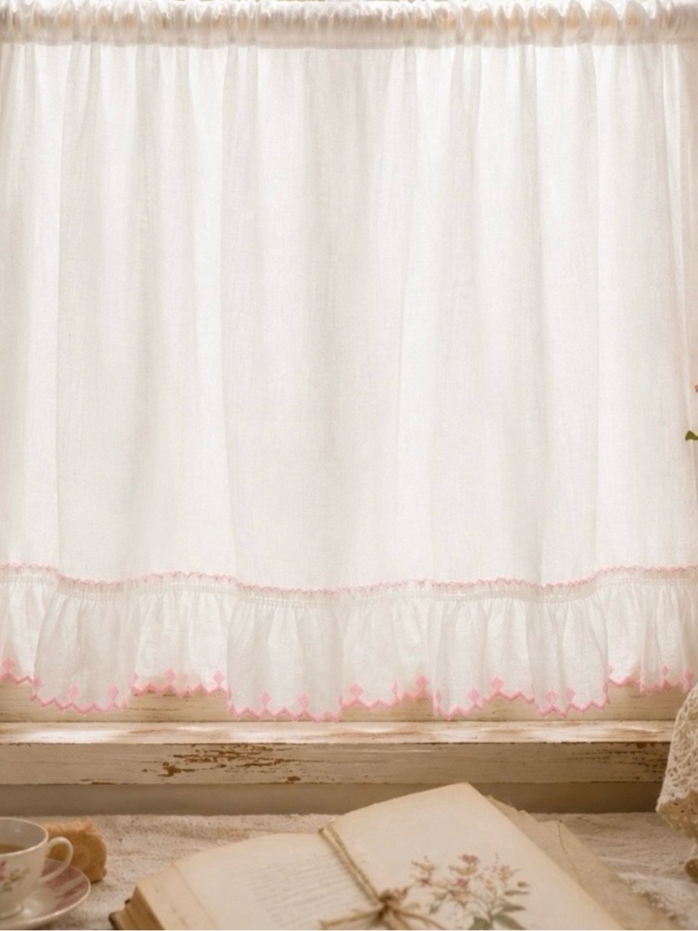 Set of Vintage White Pink Embroidered Curtains 1 Panel & 5 Valances Cottagecore